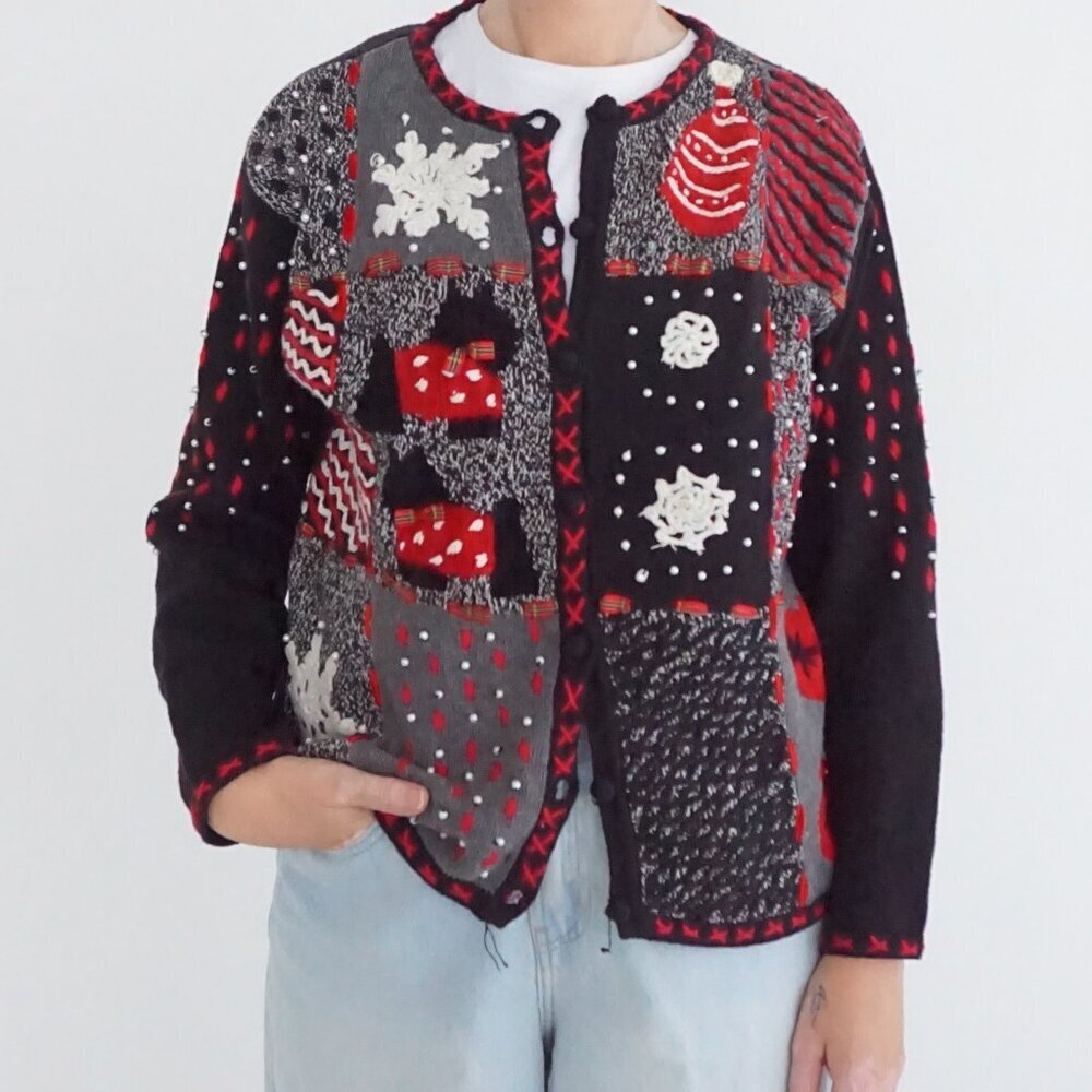 Vintage Designers Originals Studio Snowflake Ornament Patchwork Knit Cardigan M
